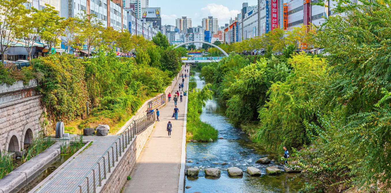 The Cheonggyecheon stream in the heart of Seoul, which used to be a major highway.